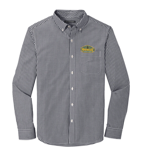 Gingham style potbelly dress shirt.